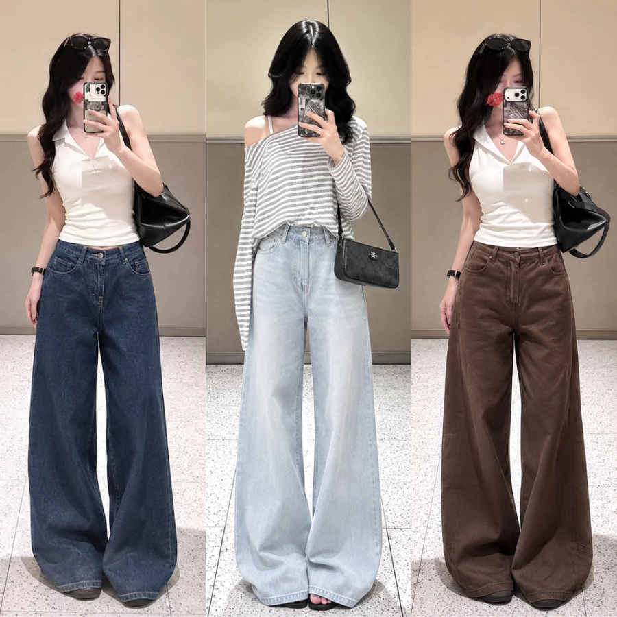 [HÀNG MỚI] Quần Jean Nữ Ống Suông Rộng 28cm Màu Xanh Trắng, Quần Bò Cạp Cao Chất Denim Size Nấm Lùn