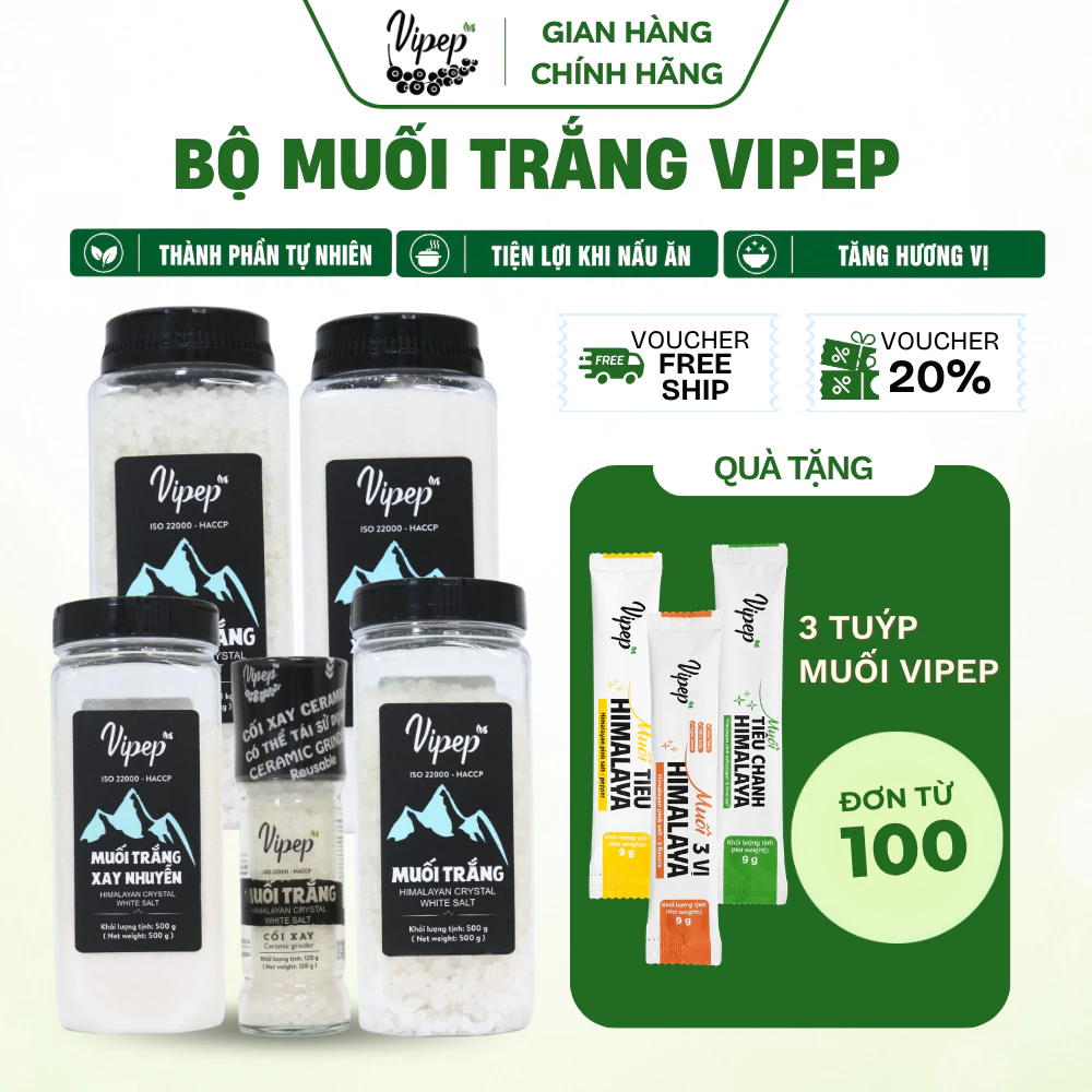 Muối Trắng Vipep Himalaya muối nguyên hạt, xay nhuyễn 120g/500g/1100g - Gia vị Vipep