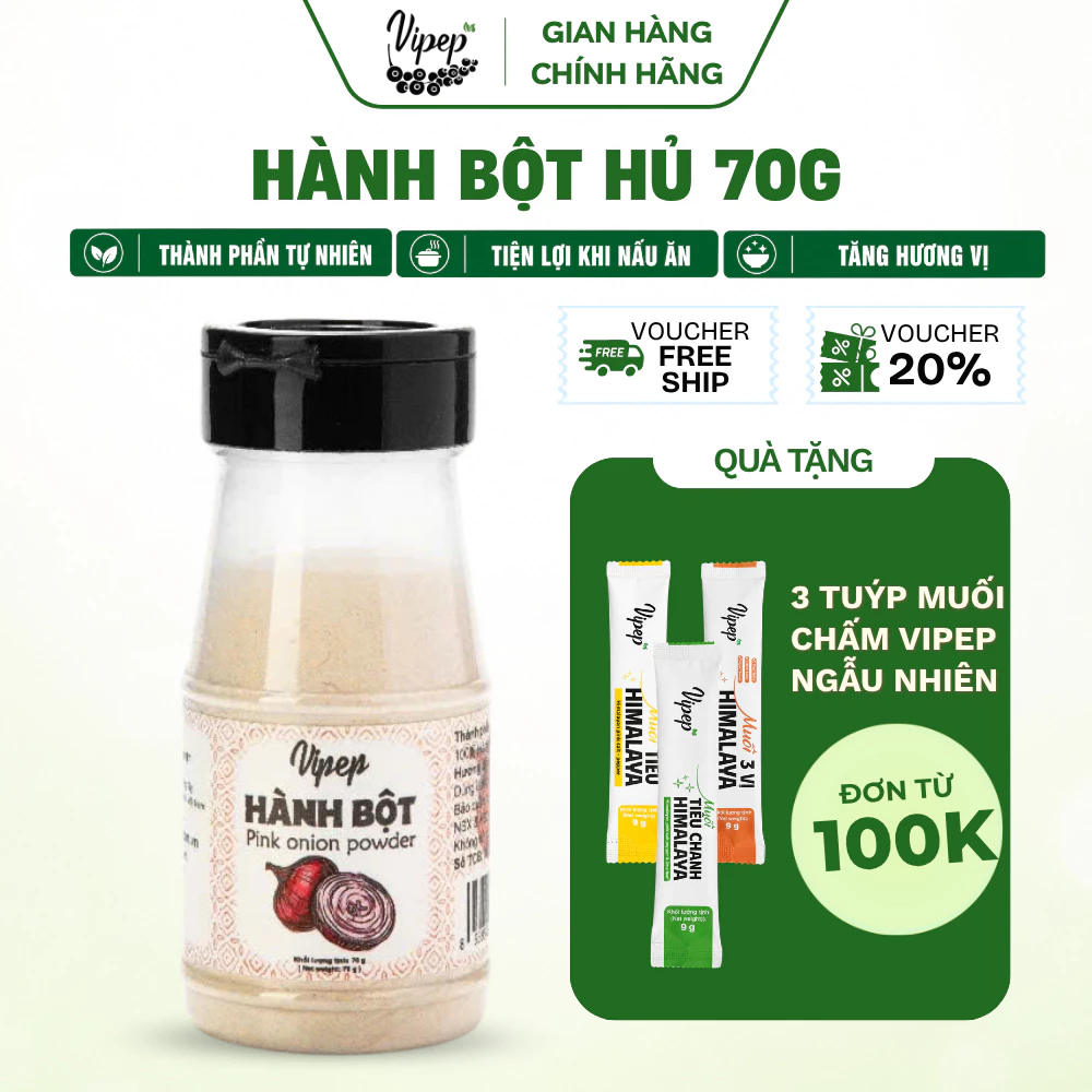 Hành Bột Tự Nhiên Vipep Hũ 70g bột hành mịn, thơm tự nhiên, dùng tẩm ướp nấu ăn - Bột Gia vị Vipep