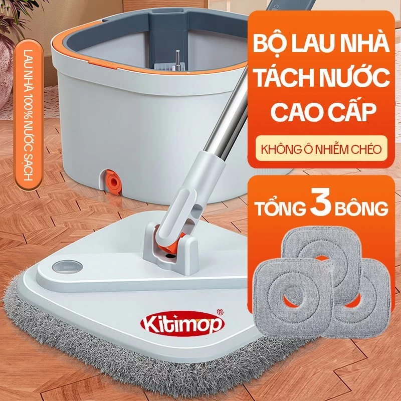 Cây Lau Nhà Tách Nước Bẩn KITIMOP PRO N08, Thùng Lau Nhà Tự Vắt Thông Minh, Chổi Lau Nhà Xoay 360 Độ