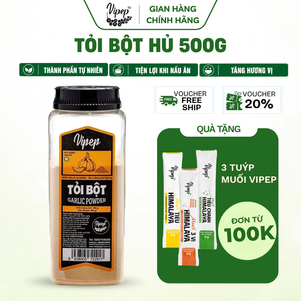 Tỏi Bột Tự Nhiên Vipep Hũ Nhựa 600g - Gia vị Vipep