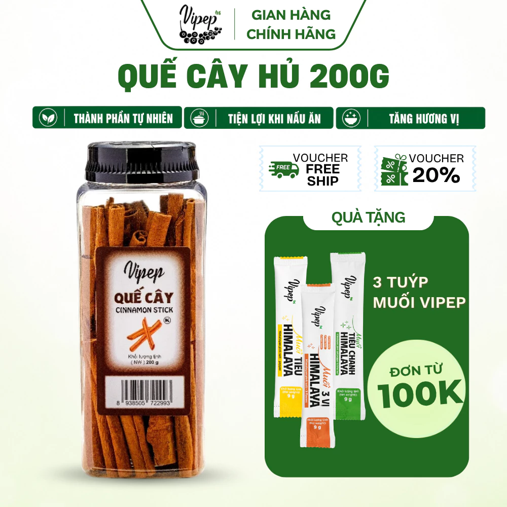 Quế Cây Tự Nhiên Vipep Hũ Nhựa 200g - Gia vị Vipep