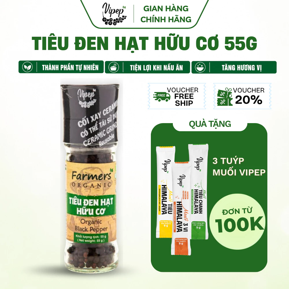Tiêu Đen Hạt Farmers' Organic Cối Xay Vipep Hũ Thủy Tinh 55g, chuẩn xuất khẩu - Gia vị Vipep