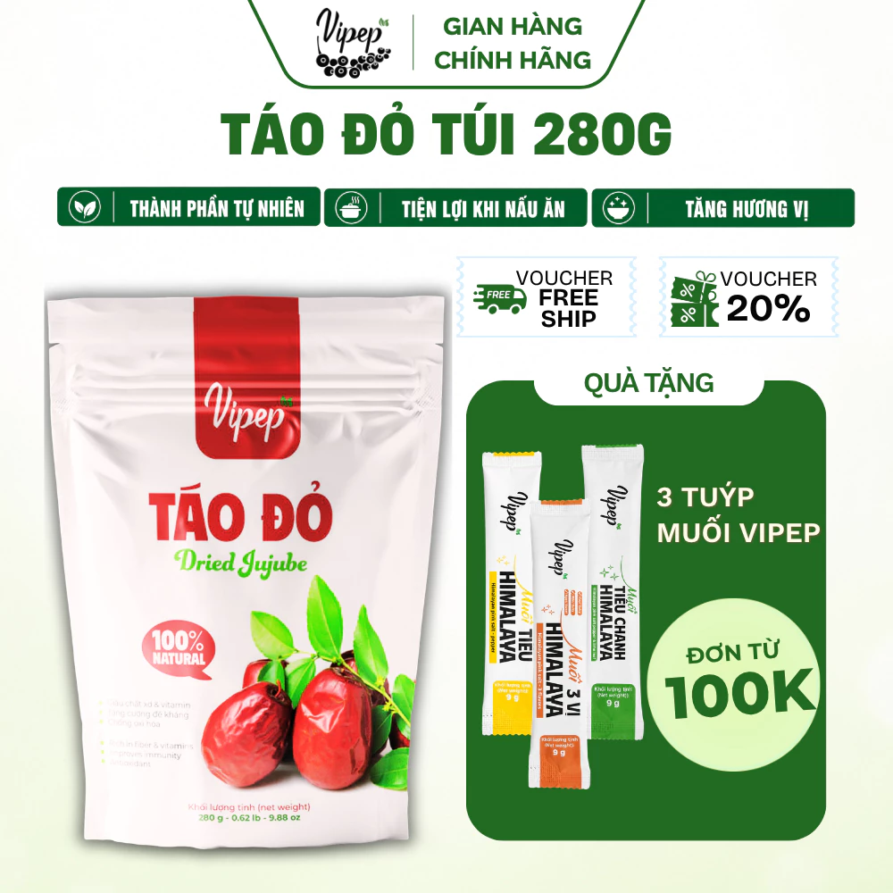 Táo Đỏ Tân Cương Tự Nhiên Vipep Túi 280g, dùng hầm, nấu, chế biến món ăn - Gia vị Vipep