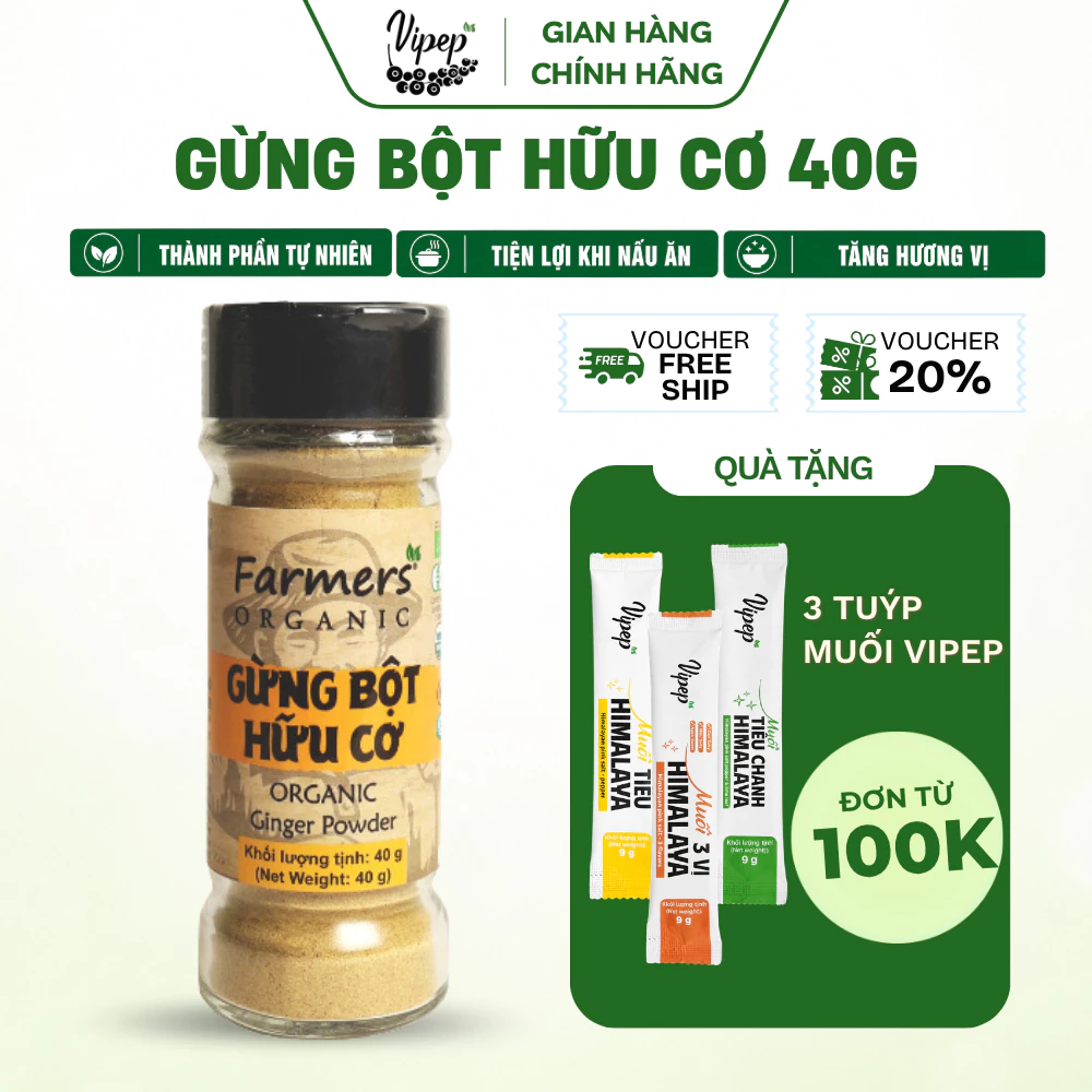 Gừng Bột Farmers' Organic Vipep Hũ Thủy Tinh 40g, gia vị nấu ăn - Gia vị Vipep