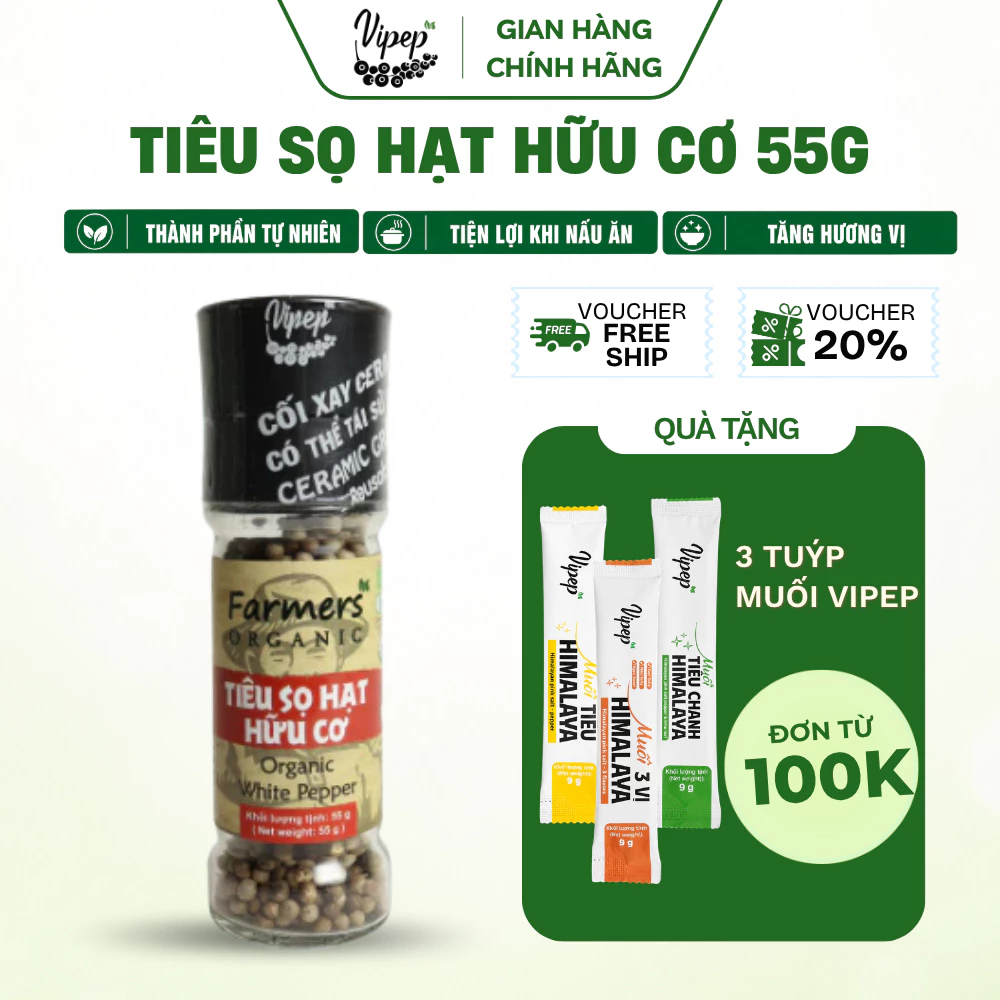 Tiêu Sọ Hạt Farmers' Organic Cối Xay Vipep Hũ Thủy Tinh 55g - Gia vị Vipep