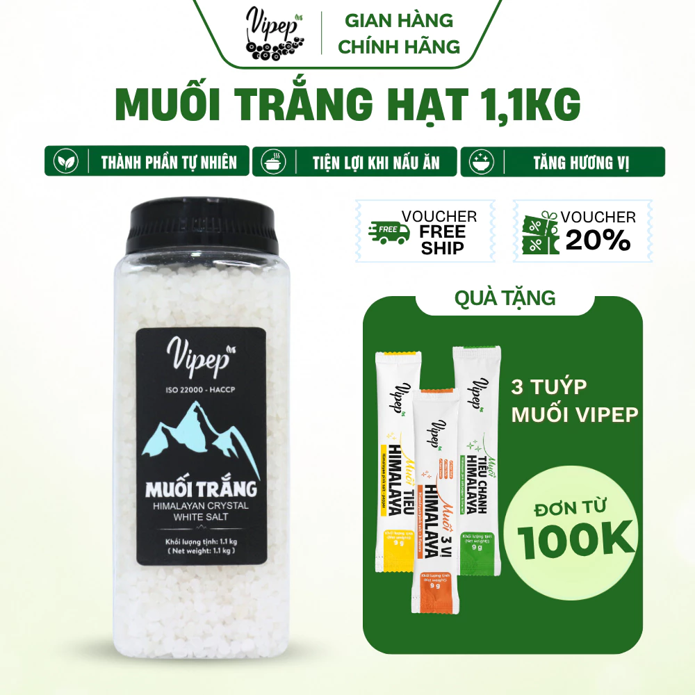 Muối Trắng Himalaya Nguyên Hạt Vipep Hũ Nhựa 1.1kg - Gia vị Vipep
