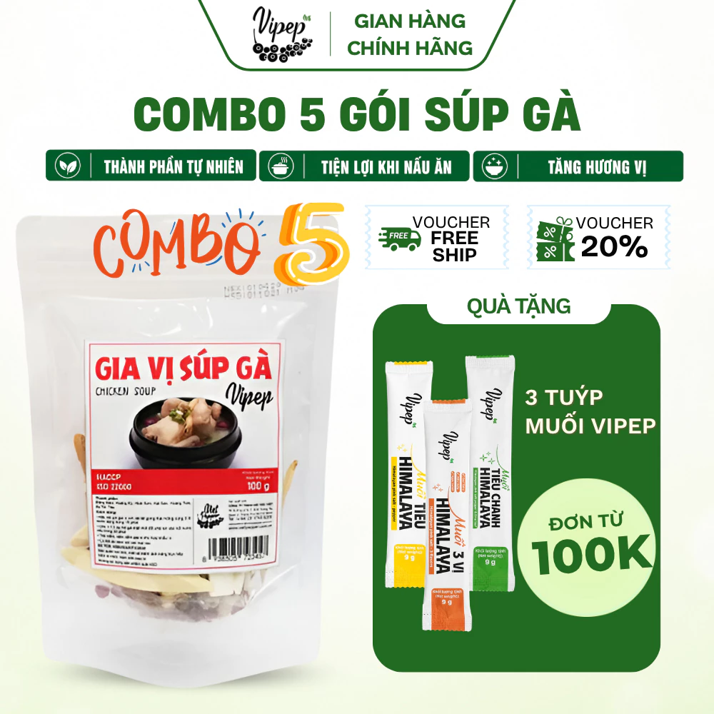 Combo 5 Gói Gia Vị Nấu Súp Gà Tự Nhiên Vipep 100g - Gia vị Vipep