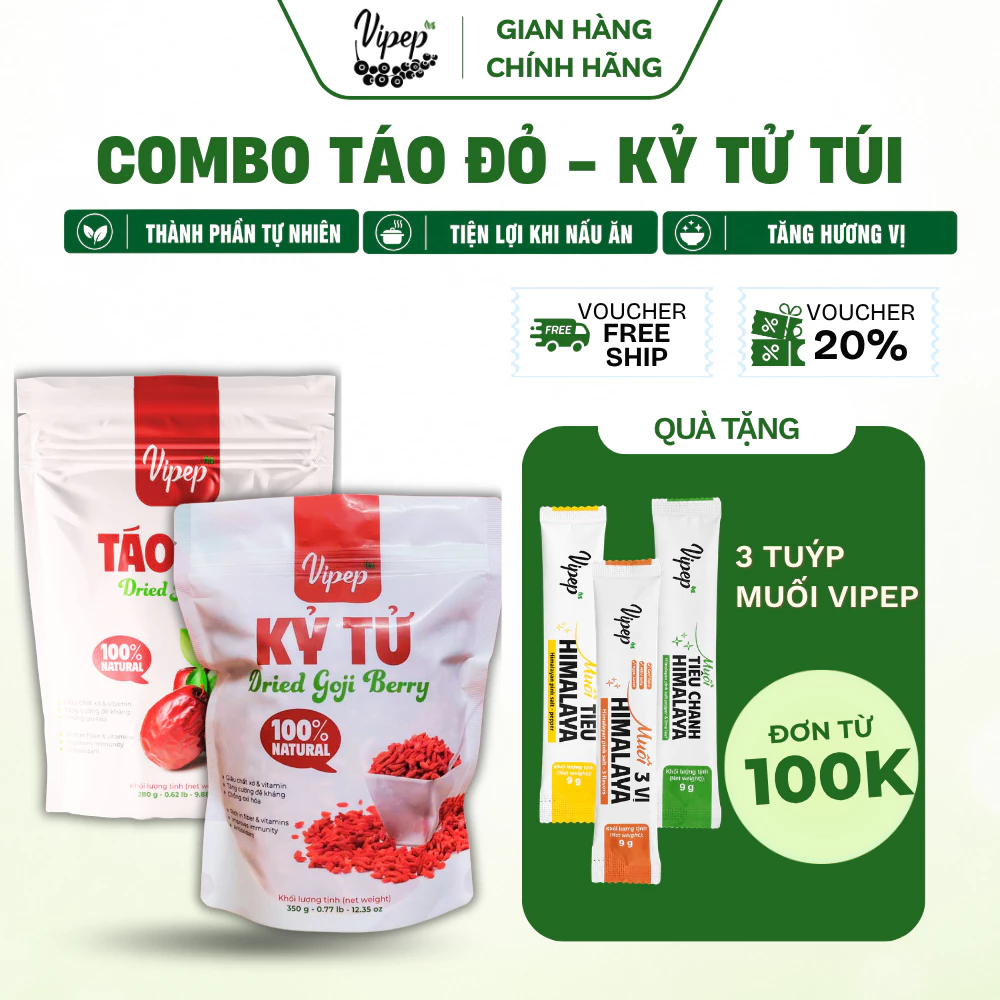 Combo Táo đỏ Tân Cương và Kỷ Tử Ninh Hạ Dạng Túi Tiện Lợi tốt sức khỏe đẹp dưỡng nhan - Gia Vị Vipep