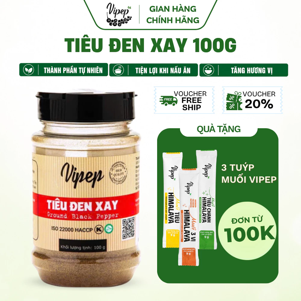 Tiêu Đen Xay Tự Nhiên Vipep Hũ Nhựa 100g - Gia vị Vipep