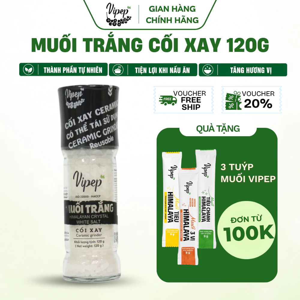 Muối Trắng Himalaya Vipep Nguyên Hạt Cối Xay Hũ Thủy Tinh 120g - Gia vị Vipep