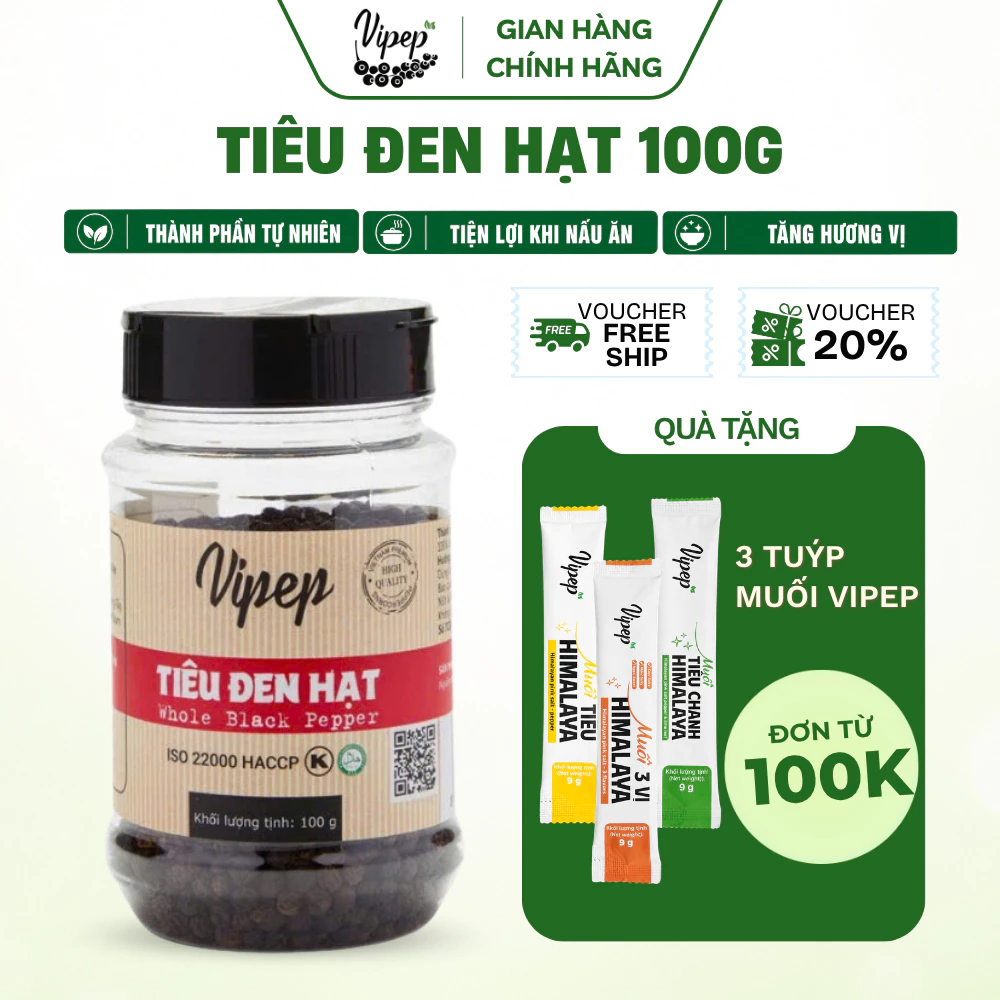 Tiêu Đen Hạt Tự Nhiên Vipep Hũ Nhựa 100g - Gia vị Vipep