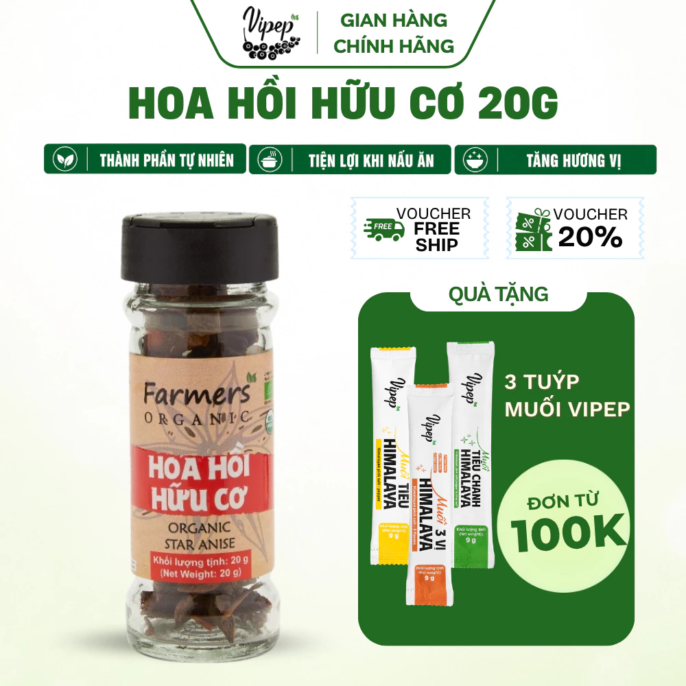 Hoa Hồi Nguyên Cánh Farmers' Organic Vipep Hũ Thủy Tinh 20g - Gia Vị Vipep