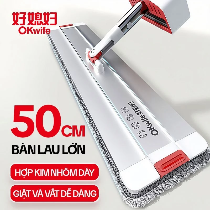 Cây Lau Nhà Tự Vắt OKwife HD-7040A, Chổi Lau Nhà Tự Vắt Thông Minh Xoay 360 Độ, 2 Bông Lau