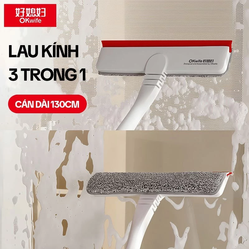 Cây Lau Kính OKwife HD-7309, Cây Gạt Kính Lau Kính Đa Năng 3 Trong 1, Cán Dài 130CM