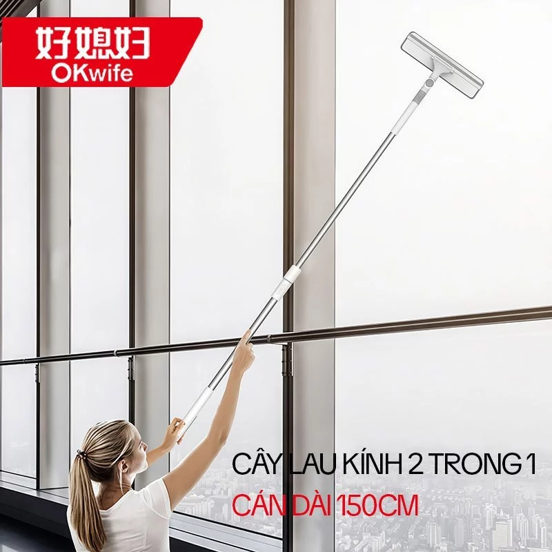 Cây Lau Kính OKwife AGW-6200, Cây Gạt Kính Lau Kính Đa Năng 2 Trong 1, Cán Dài 150CM