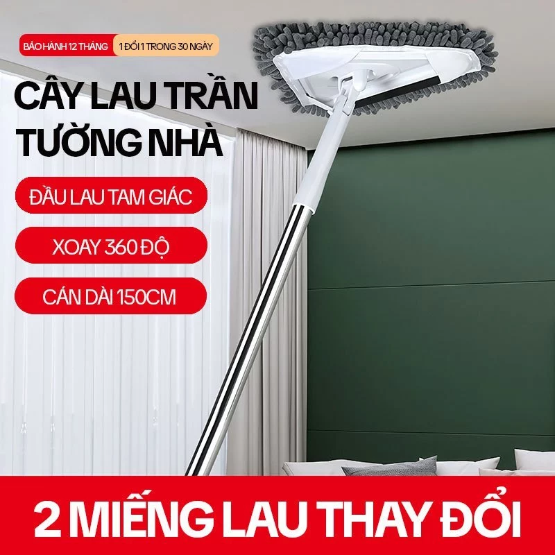 Cây Lau Trần Nhà KITIMOP A3, Cây Lau Tường Hình Tam Giác Xoay 360 Độ, Cán Dài 150CM