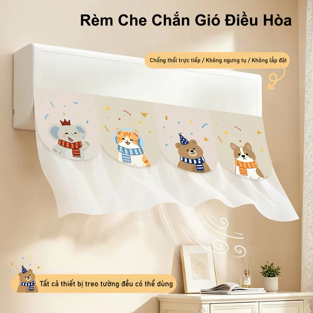 Rèm chắn gió điều hòa tự dính - Rèm chống bụi đầu dán họa tiết hoạt hình đáng yêu