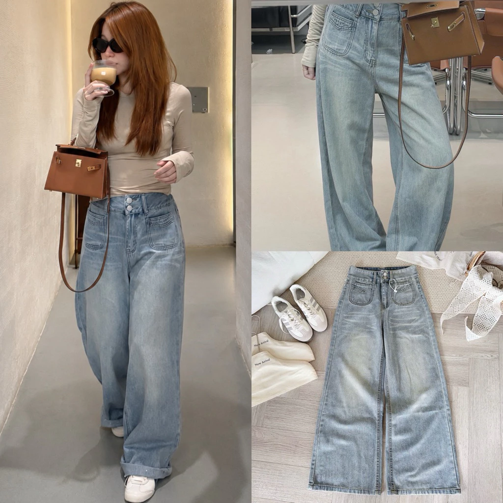 [Hàng Chuẩn QC] Quần jeans nữ ống rộng lưng cao 2 khuy màu xanh nhạt dáng suông - A8714