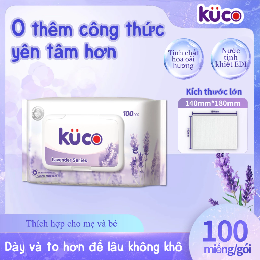 KUCO Khăn ướt cho em bé,100 viên/gói，14*18cm,Hương hoa oải hương, không cồn, không chất bảo quản