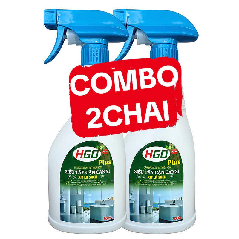 [COMBO 2] Tẩy Cặn Canxi Nhà Tắm HGO PLUS, Làm Sạch Kính, Vòi Sen, Bồn Sứ, Gạch Men, Gương Soi 500ML