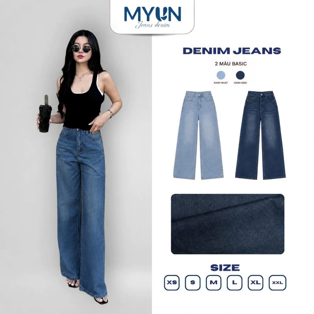 MYUN - Quần Jean Nữ Lưng Cao Ống suông Rộng 24CM Phối Túi Xanh Đậm Nhạt JRR009