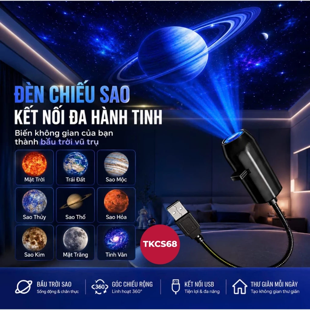 Đèn chiếu mini 3D xoay 360 độ, đèn chiếu hành tinh led thiết kế nhỏ gọn trang trí phòng ngủ siêu nét với thân đèn uốn