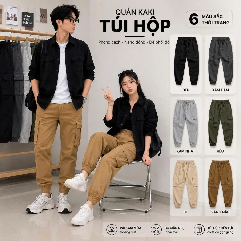 Quần Kaki Túi Hộp  MISFIT Nam Nữ 6 Túi Form Jogger Ống Bo, Quần Cargo Unisex Kaki Co Giãn 6 Màu
