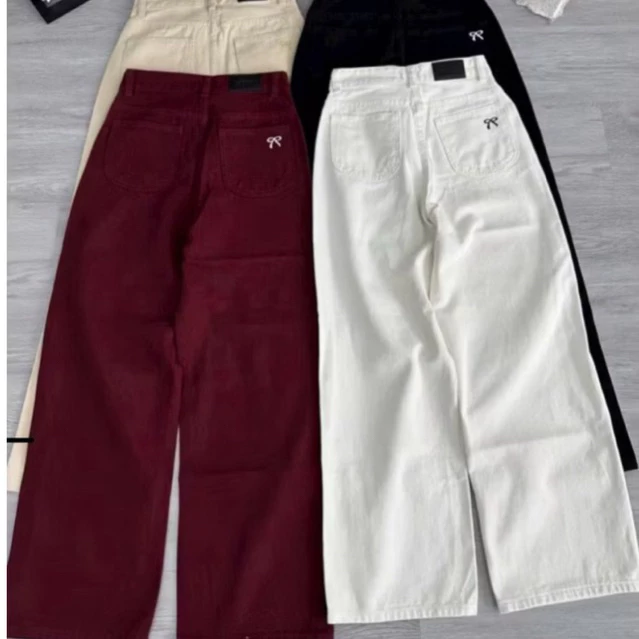 (Dài 95cm/103cm)-(XS-XL)Quần Jeans Kaki Ống Suông Thêu Nơ Có Suông Nấm Lùn và Suông dài Lưng cao,Quần Jeans Nữ Ống Rọngo
