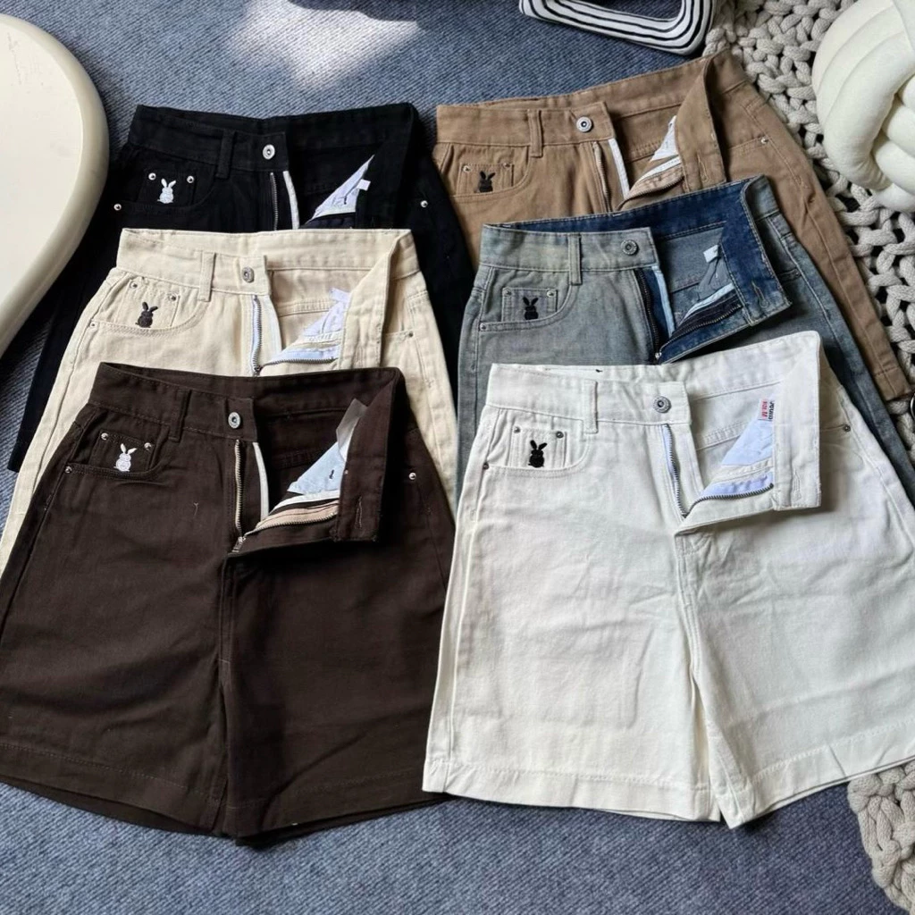(S-2XL) Quần ngố jean thêu thỏ chất jean kaki dày dặn lưng cao tôn dáng dễ phối đồ, quần short jean ngố