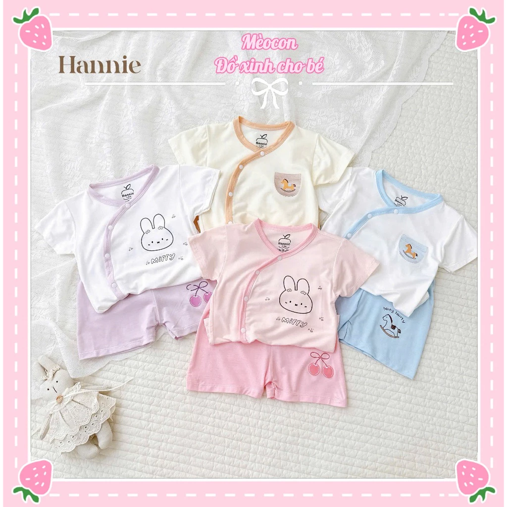 Bộ Quần Áo Cộc Tay Sơ Sinh Phối Màu Hannie Chất Petit Mềm, Thoáng Mát Cho Bé Gái Bé Trai 3-9kg
