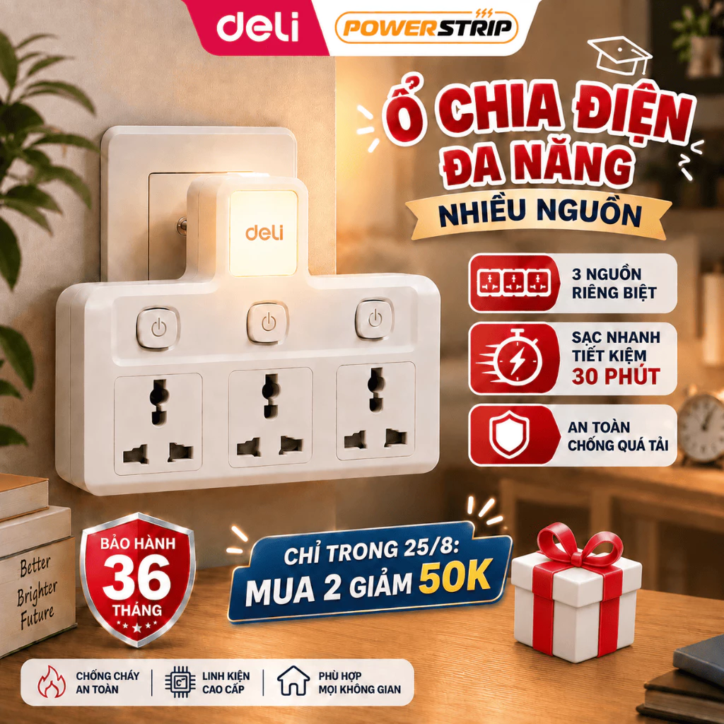 [🔥DEAL HOT 15/9] Ổ Cắm Chia Điện Deli, Ổ Cắm Chữ T 2500W Tích Hợp Cổng USB &TypeC Cải Tiến Sạc Nhanh Tiện Lợi