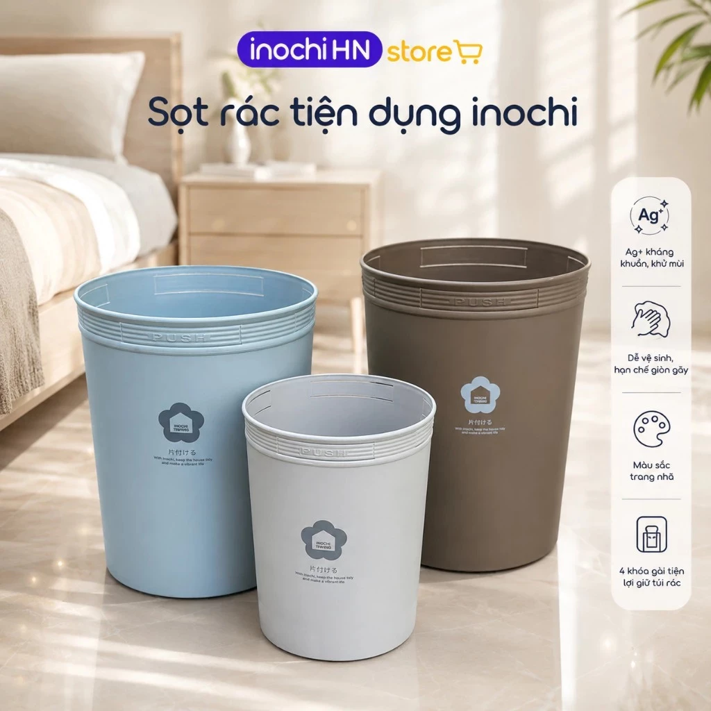 Sọt rác Hiro 5_10_15L Chính hãng INOCHI -Tiêu chuẩn nhật bản, Khoá gài giữ túi rác tiện lợi, khử mùi