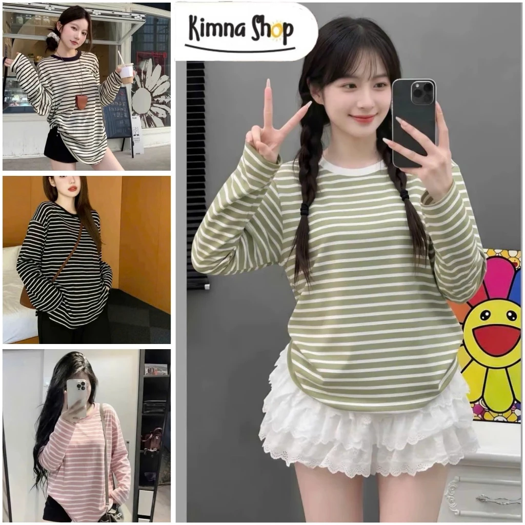 Áo Thun Cổ Tròn Kẻ Ngang Tay Dài Form Rộng Chất Cotton Zip Mềm