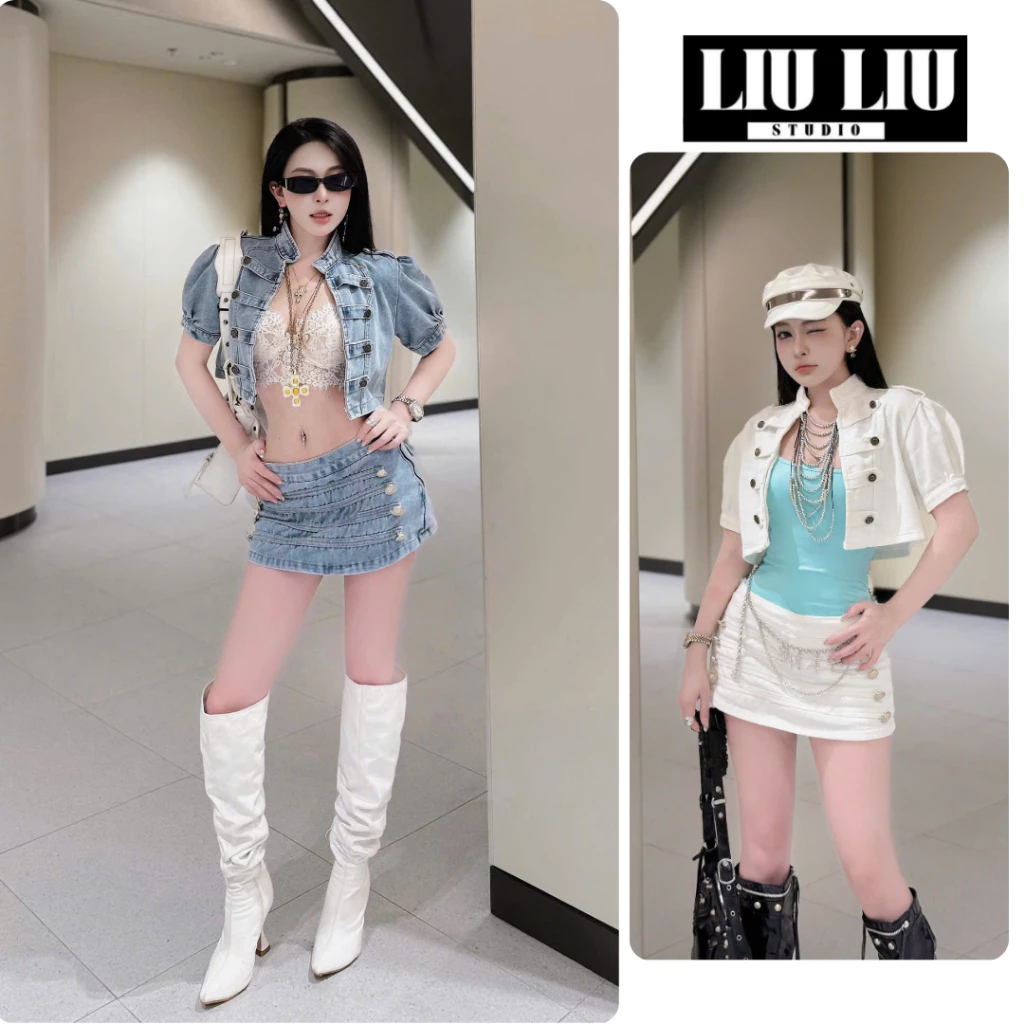 Áo khoác jean nữ LIULIU STUDIO L61 croptop tay phồng cổ trụ đính nút phong cách y2k cá tính thời trang