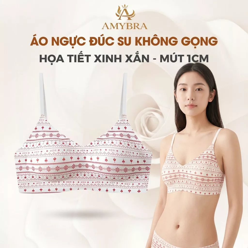 Áo Ngực Đúc Su Không Gọng Họa Tiết Thổ Cẩm Cổ Điển, Áo Lót Nữ Mút Vừa 1cm Êm Ái Tự Nhiên AMYBRA M52
