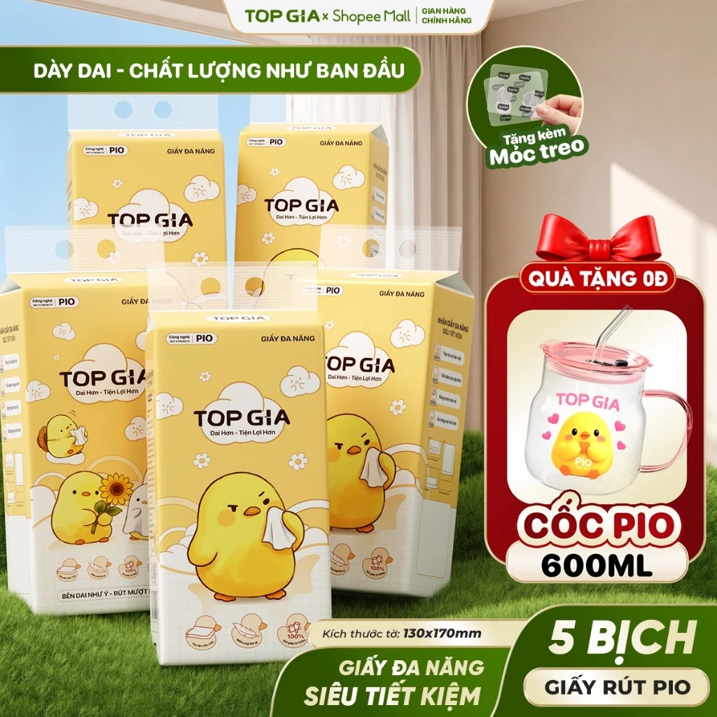 [TẶNG CỐC PIO 600ML] Thùng 5 Bịch Khăn Giấy Pio TopGia 200 Lần Rút Siêu Dai Mềm Mịn