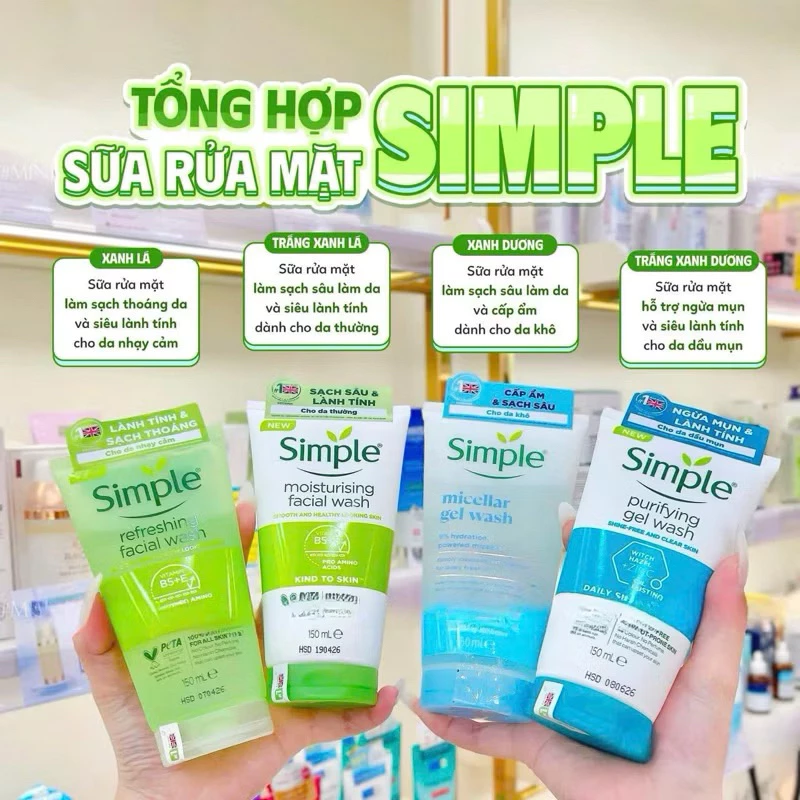 Sữa Rửa Mặt Simple Dịu Nhẹ Lành Tính Sạch Sâu Gel Sữa Rửa Mặt Cho da Nhạy Cảm 150ML