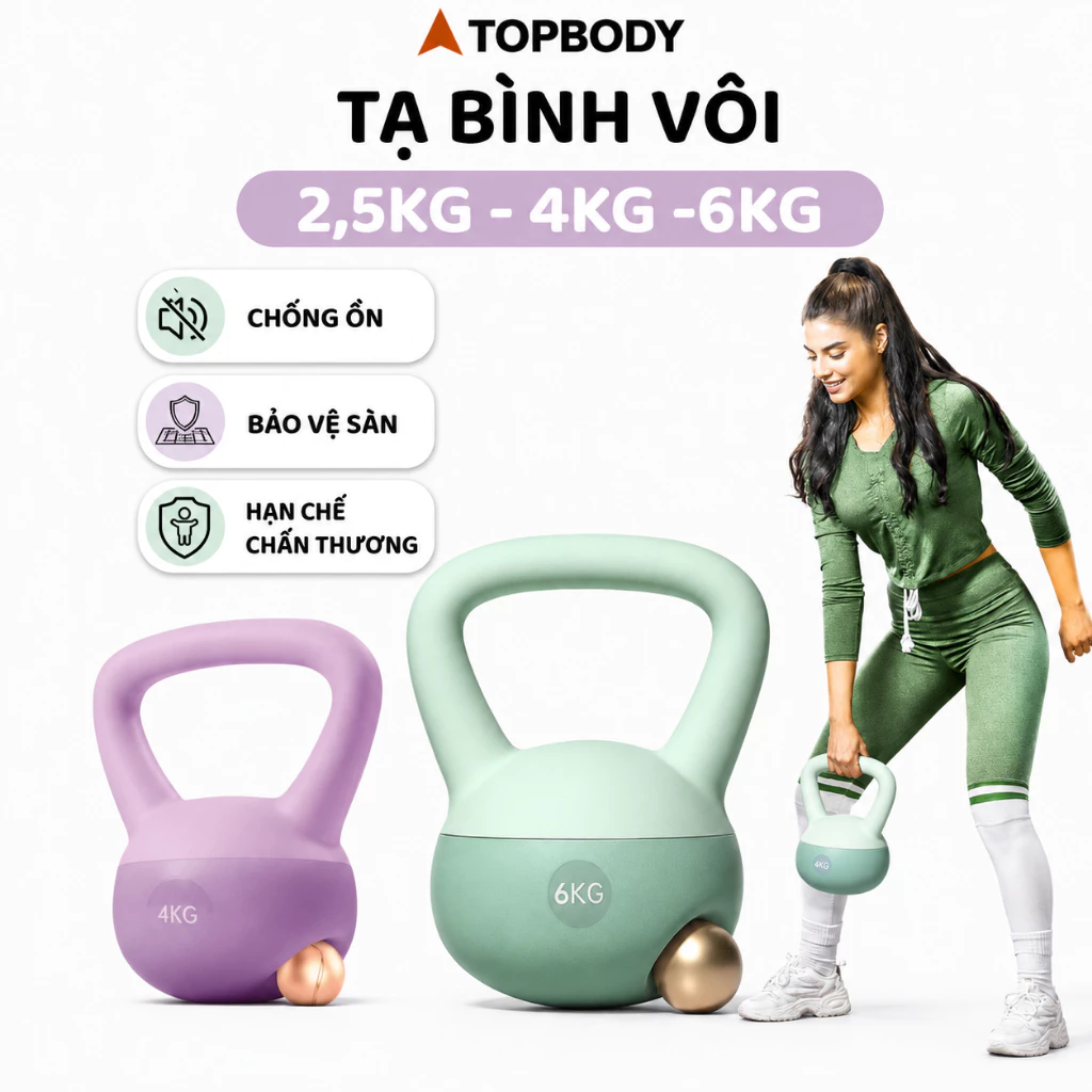 Tạ Bình Vôi Kettlebell TOPBODY 2.5kg/4kg/6kg, Tạ Ấm Mềm Tập Gym Mông Đùi Tại Nhà, Không Ồn