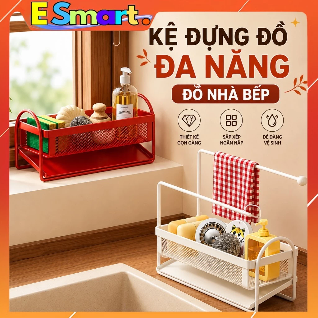 Kệ Để Đồ Nhà Bếp, Đồ Rửa Bát 2 Tầng Có Khay Thoát Nước Kèm Giá Treo Khăn Lau Tiện Lợi Chất Liệu Thép Không Gỉ Cao Cấp