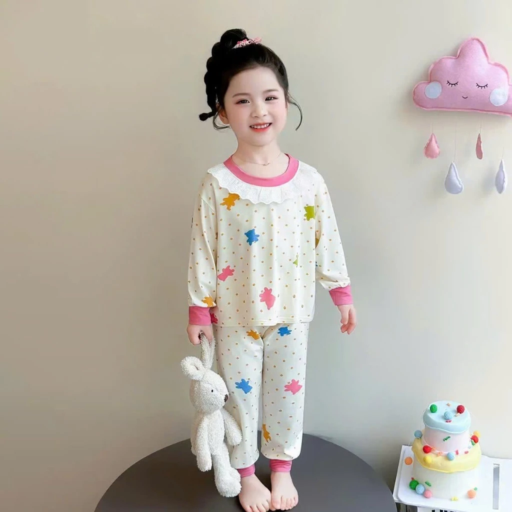 [A73] Bộ thu đông bé gái dài tay, set đồ trẻ em chất tăm gân cổ ren in gấu co giãn thoải mái mùa thu đông 8-22kg
