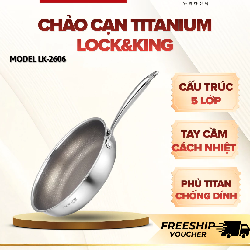 Chảo Cạn Titanium Lock&King 5 Lớp Gia Nhiệt Nhanh Tỏa Nhiệt Đều, Bề Mặt Chống Bám Dính Dễ Lau Chùi - Pretty Kitchen