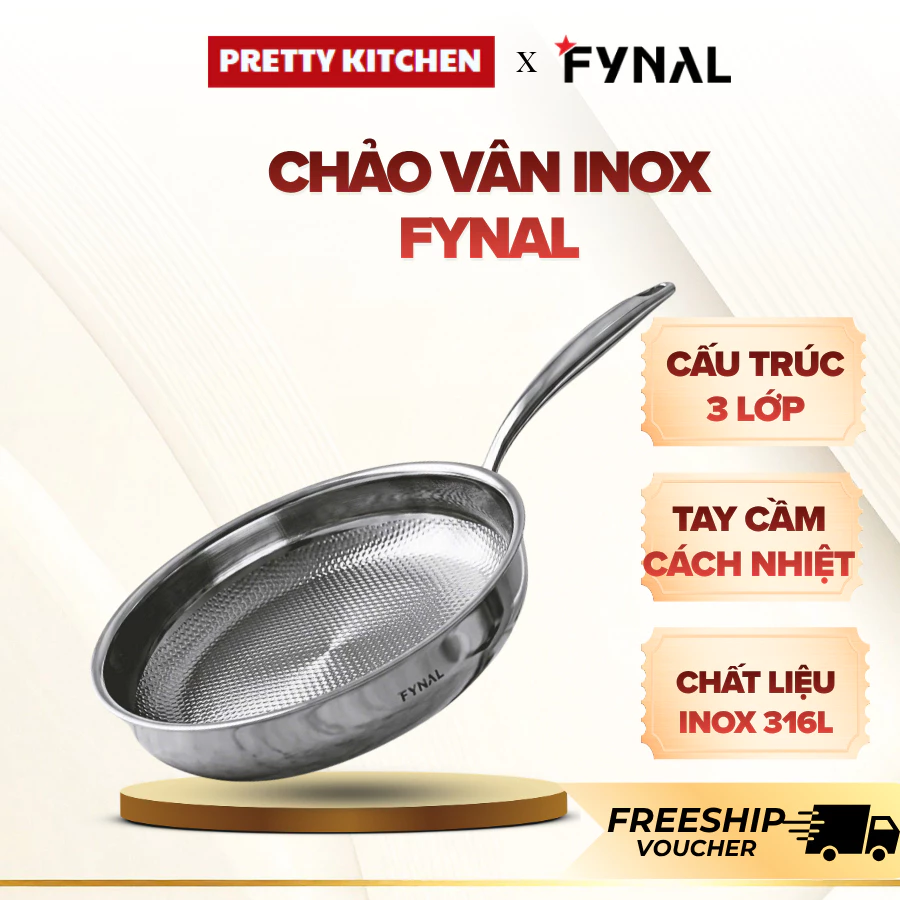 Chảo Vân Inox Fynal Size 22 28cm Đáy Phẳng Giữ Nhiệt Ổn Định, Bề Mặt Vân Giúp Thực Phẩm Không Dính - Pretty Kitchen