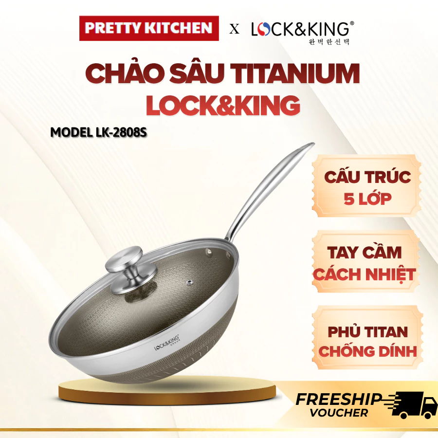 Chảo Sâu Lòng Titanium Lock&King Đáy Từ Gia Nhiệt Nhanh, Thành Cao Chống Bắn Dầu Khi Chiên Xào - Pretty Kitchen