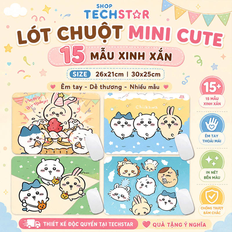 Lót Chuột Chikawa Mini Cute Techstar Hoạt Hình Dễ Thương, Đế Cao Su Chống Trượt, Êm Tay