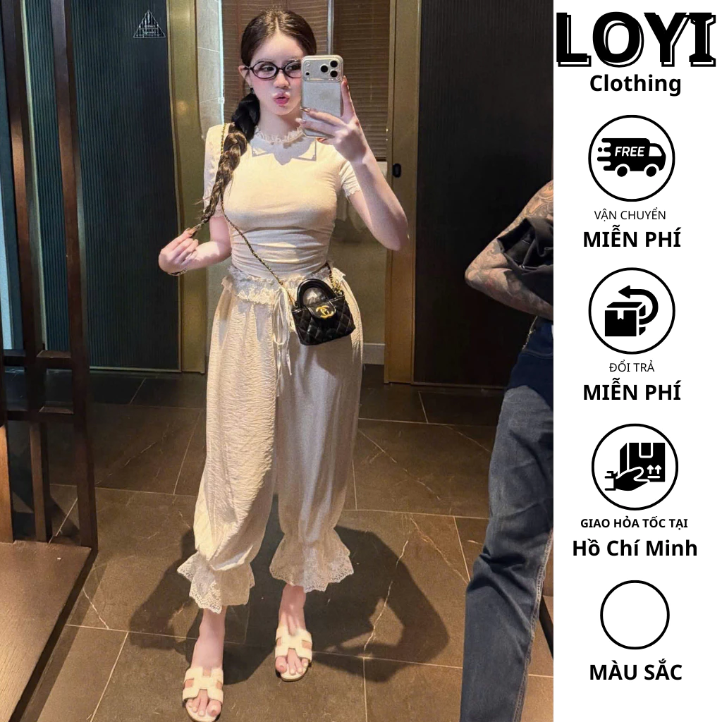 [Hỏa Tốc] Set Nữ Áo Thun Tay Ngắn Form Ôm Phối Quần Dài Bo Gấu Ren, Set Đồ Nữ Tính Đi Chơi, Du Lịch