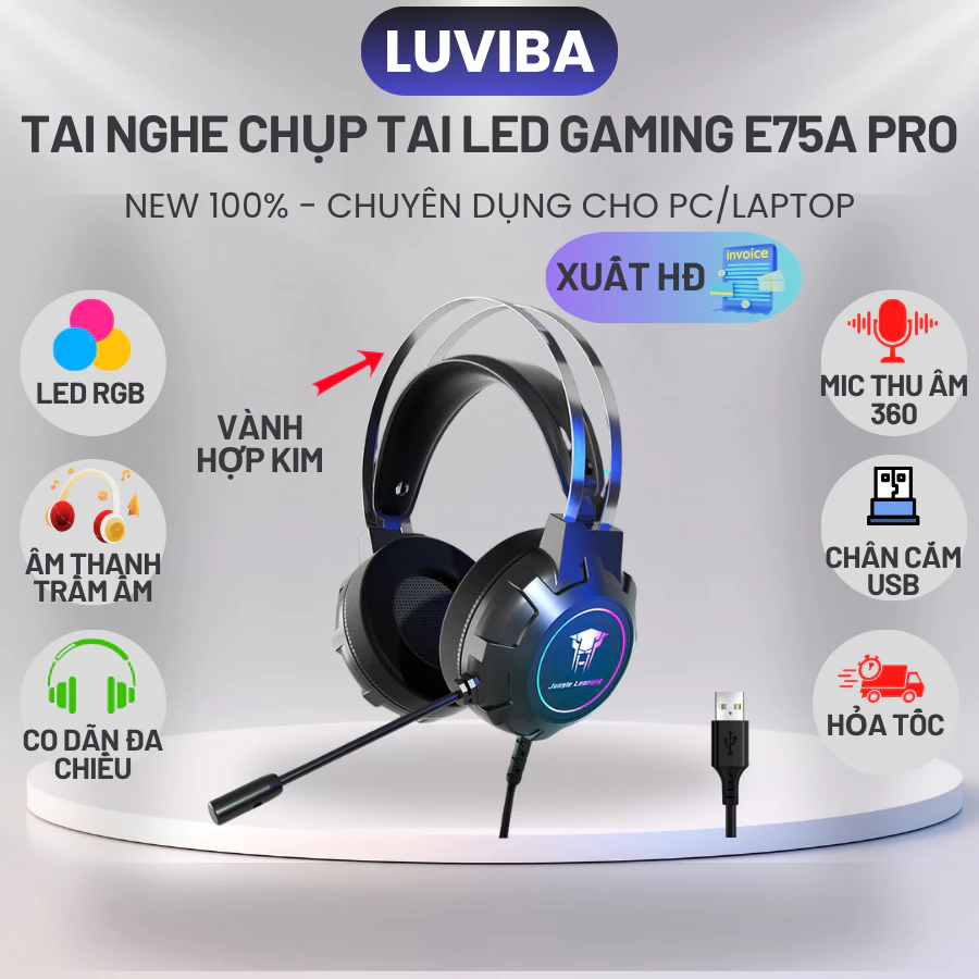 Tai nghe chụp tai gaming E57A LED có dây 1.8m USB, thiết kế công thái học âm thanh vòm mic chống ồn