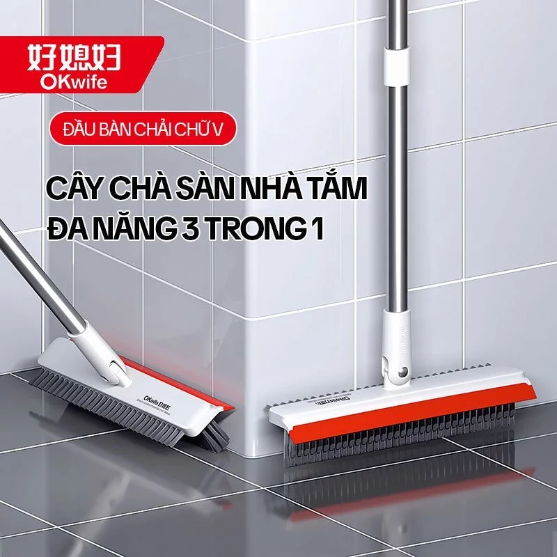 Cây Chà Sàn Nhà Tắm OKwife AGW-3458, Chổi Cọ Sàn Và Gạt Nước Đa Năng 3 Trong 1, Cán Dài 123CM