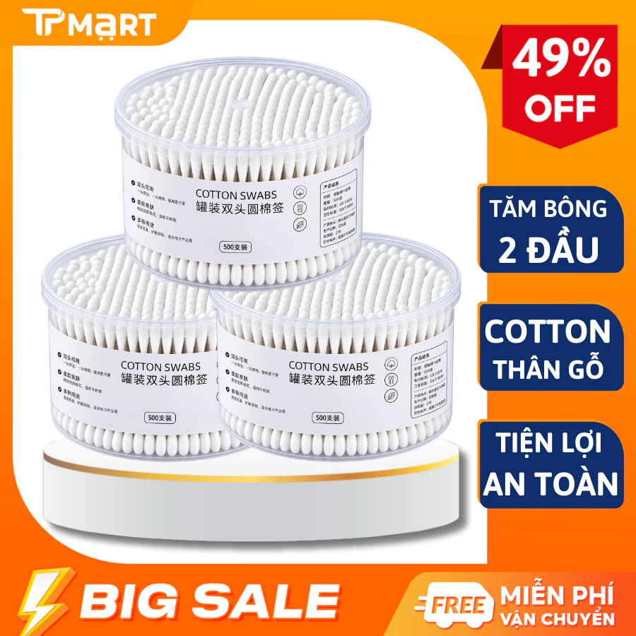 Combo 2 Hộp 500 tăm bông ráy tai, thân tăm gỗ 2 đầu chất liệu bông COTTON được khử khuẩn, chăm sóc tai an toàn