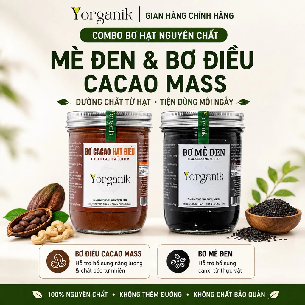 Combo 2 Hũ Bơ Mè Đen & Bơ Điều Cacao Mass Yorganik Không Đường Eat Clean Healthy (200g/450g)